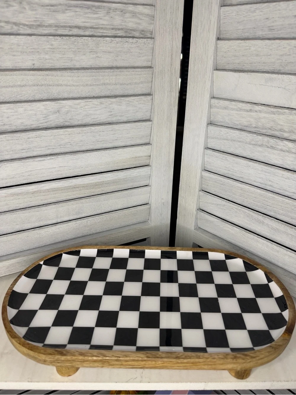 Mackenzie Childs Inspired Black and White Checkered Wooden Serving Tray